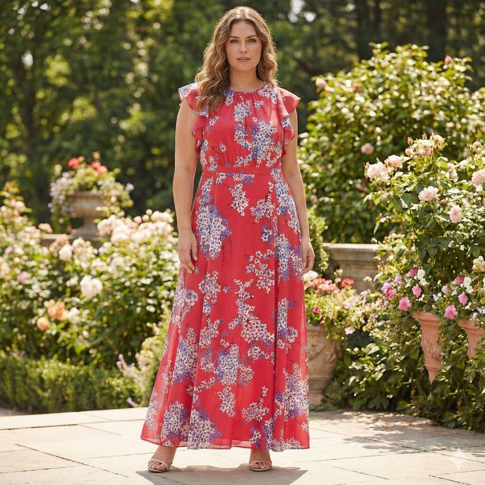 Tommy Hilfiger Women Dress Red Floral‎ Maxi Feminine Boho Resortwear Church Sz14
